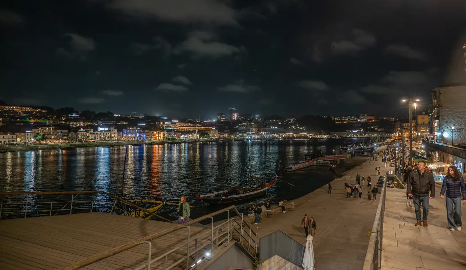 The Douro River at night, with a waterfront promenade in Porto and city lights reflected on the water